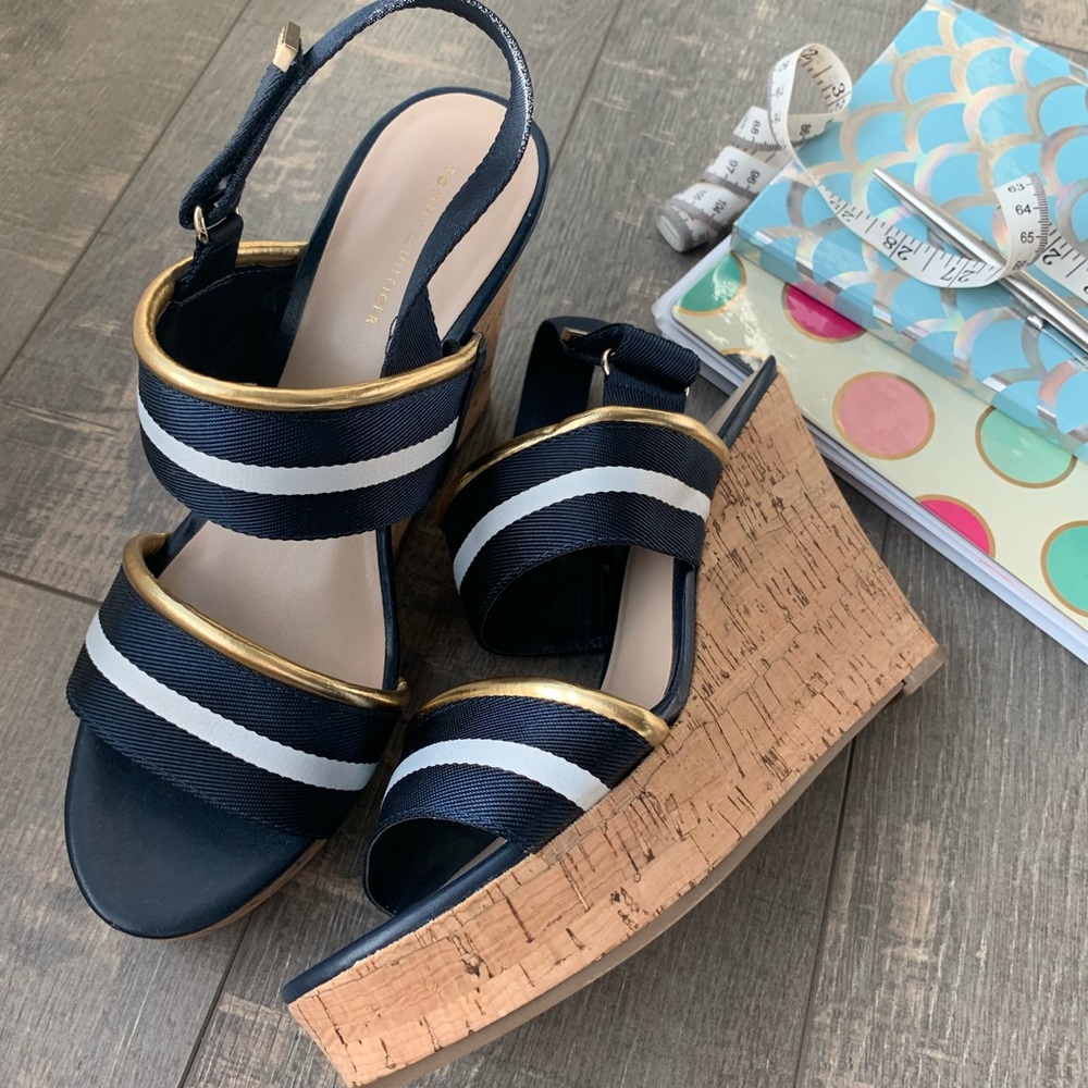 Tommy Hilfiger Blue and white cork wedge